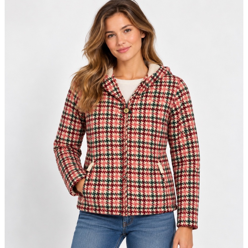 Burton Womens Full Zip Hoodie XS Red Green Pink Houndstooth Quilted Fleece Lined